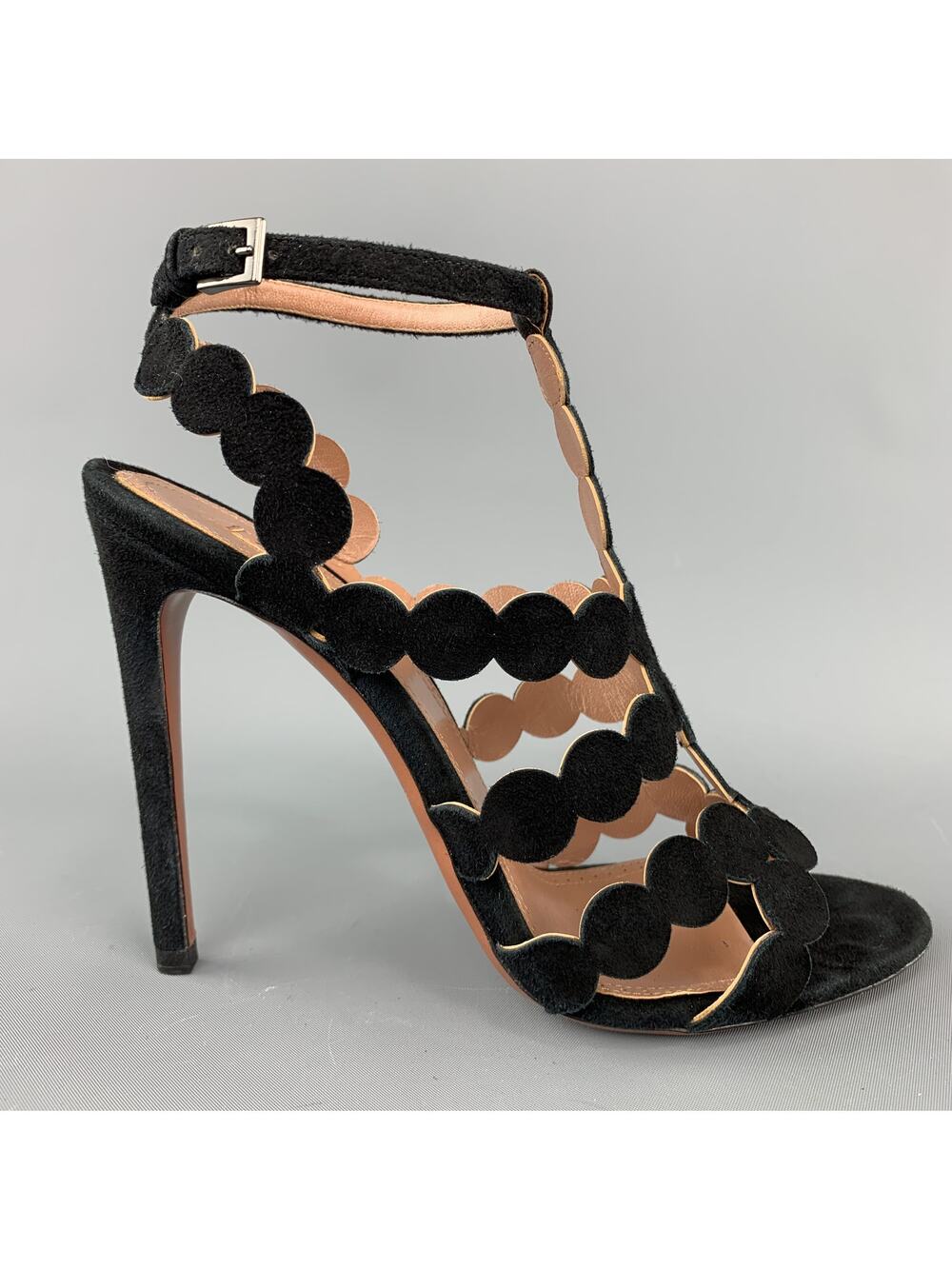 ALAIA Size 8 Black Suede Laser Cut Strappy Sandals